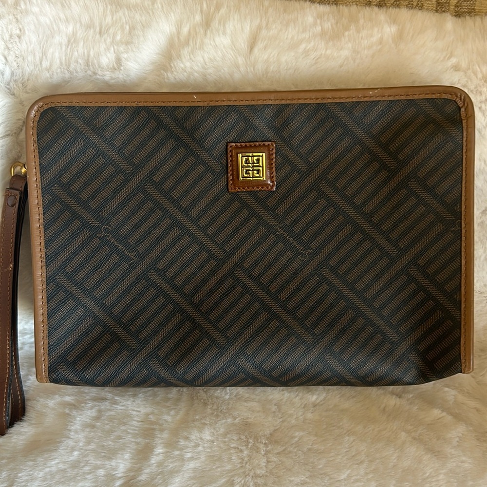 Givenchy Paris Coated Canvas black and tan monogrammed wristlet pouch